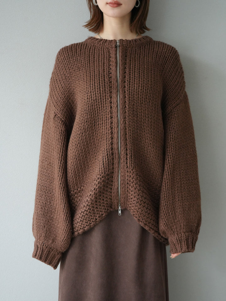 [予約]ロービングケーブルオーバーZIPニットカーディガン/ブラウン