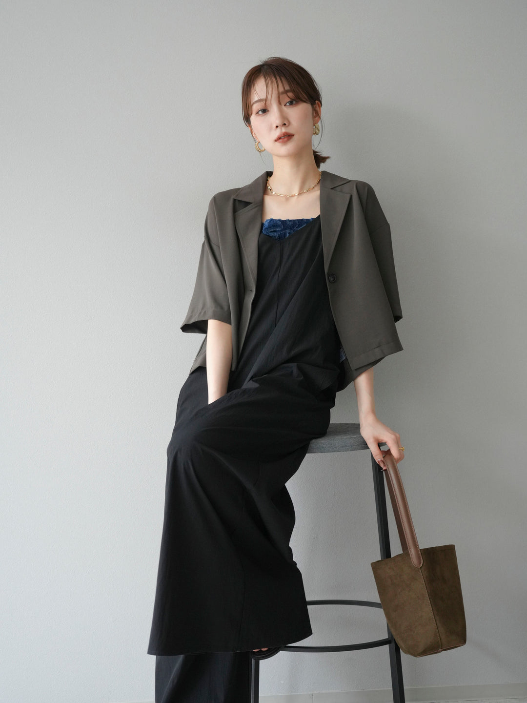 [予約]レーヨンVネックサロペット/ブラック