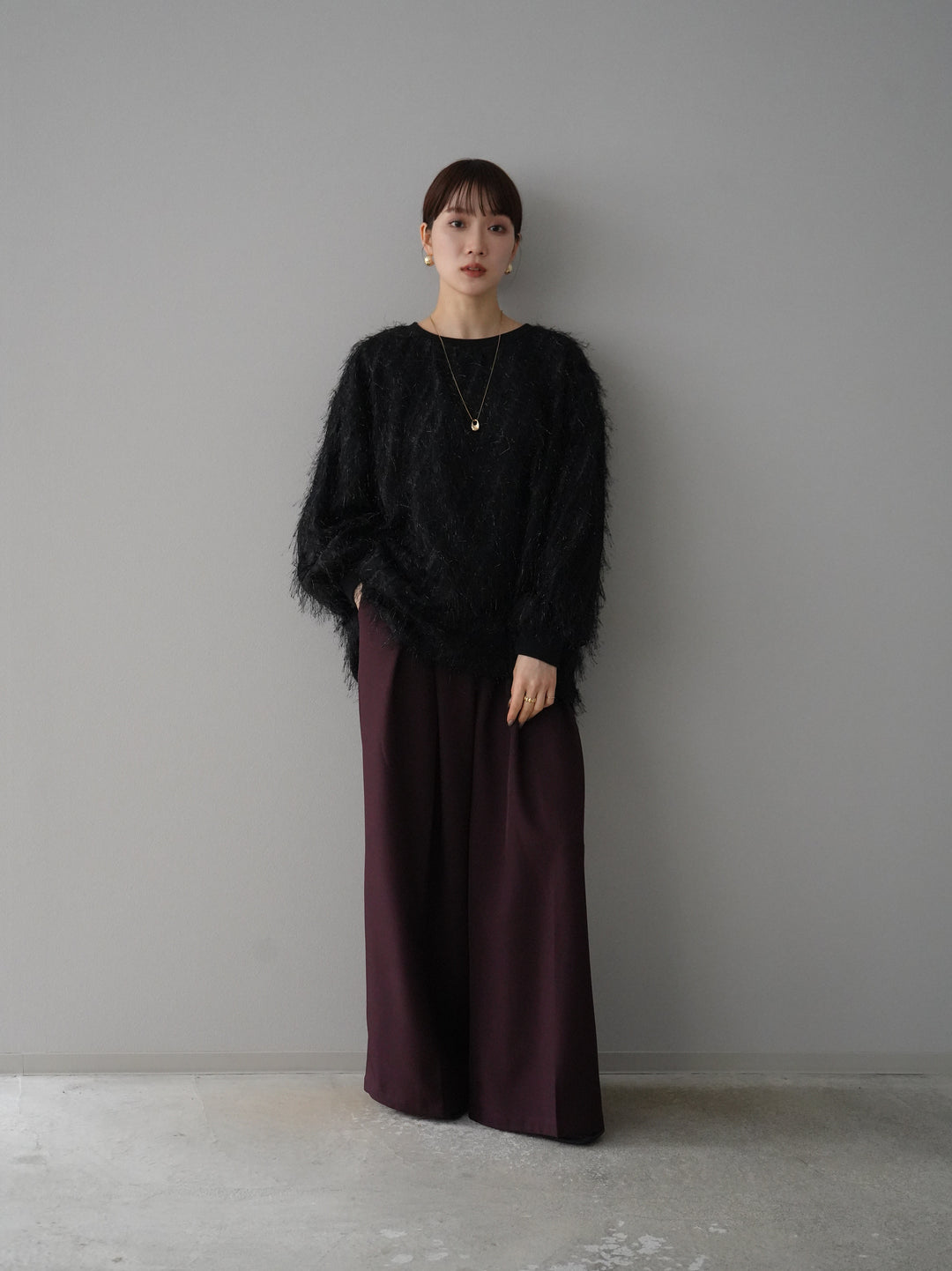 【預訂】皮帶設計收腰寬褲/波爾多紅