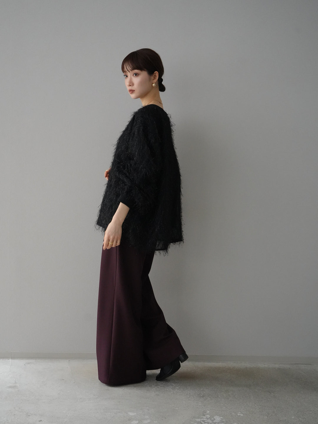 【預訂】皮帶設計收腰寬褲/波爾多紅