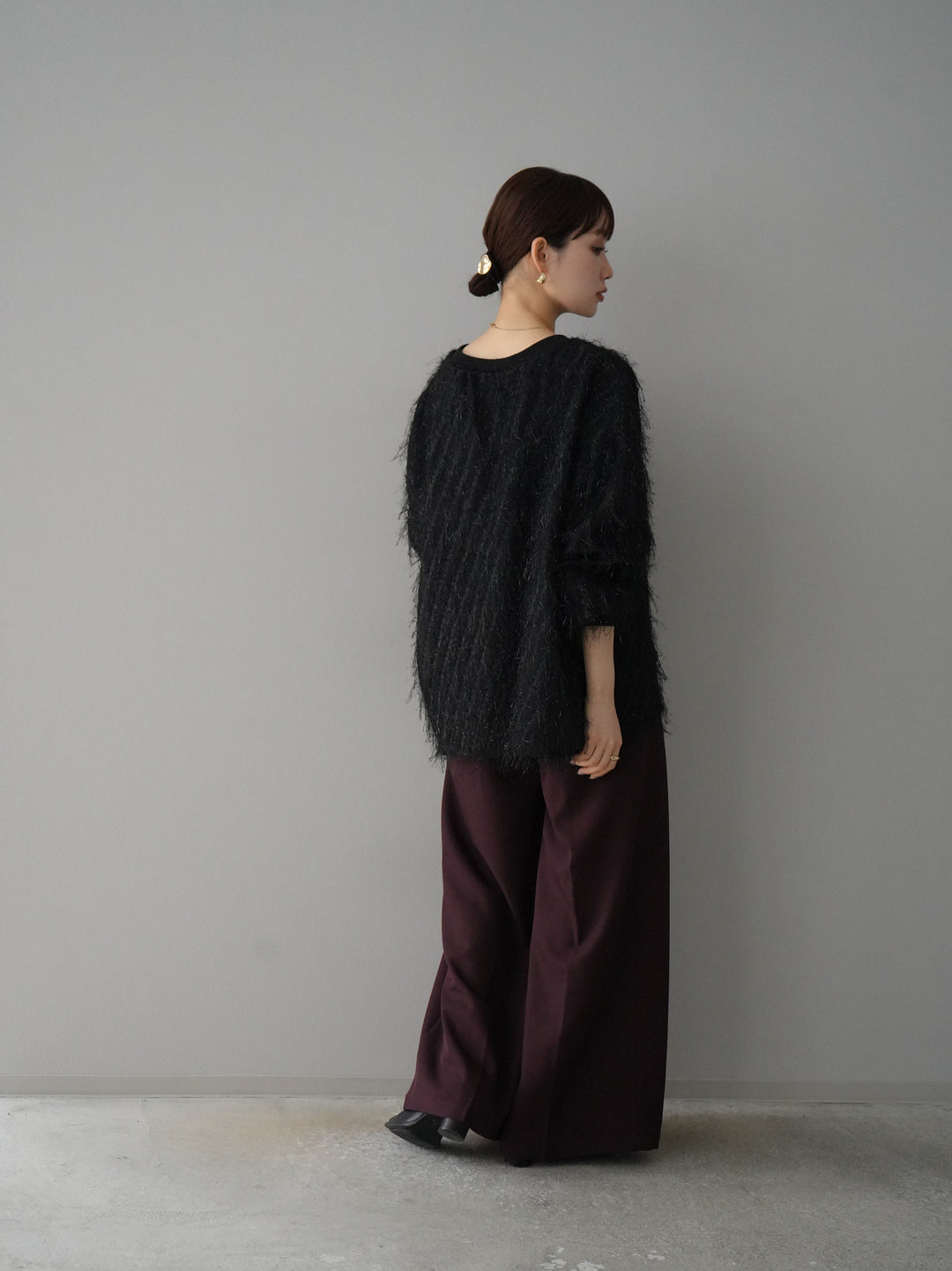 【預訂】皮帶設計收腰寬褲/波爾多紅