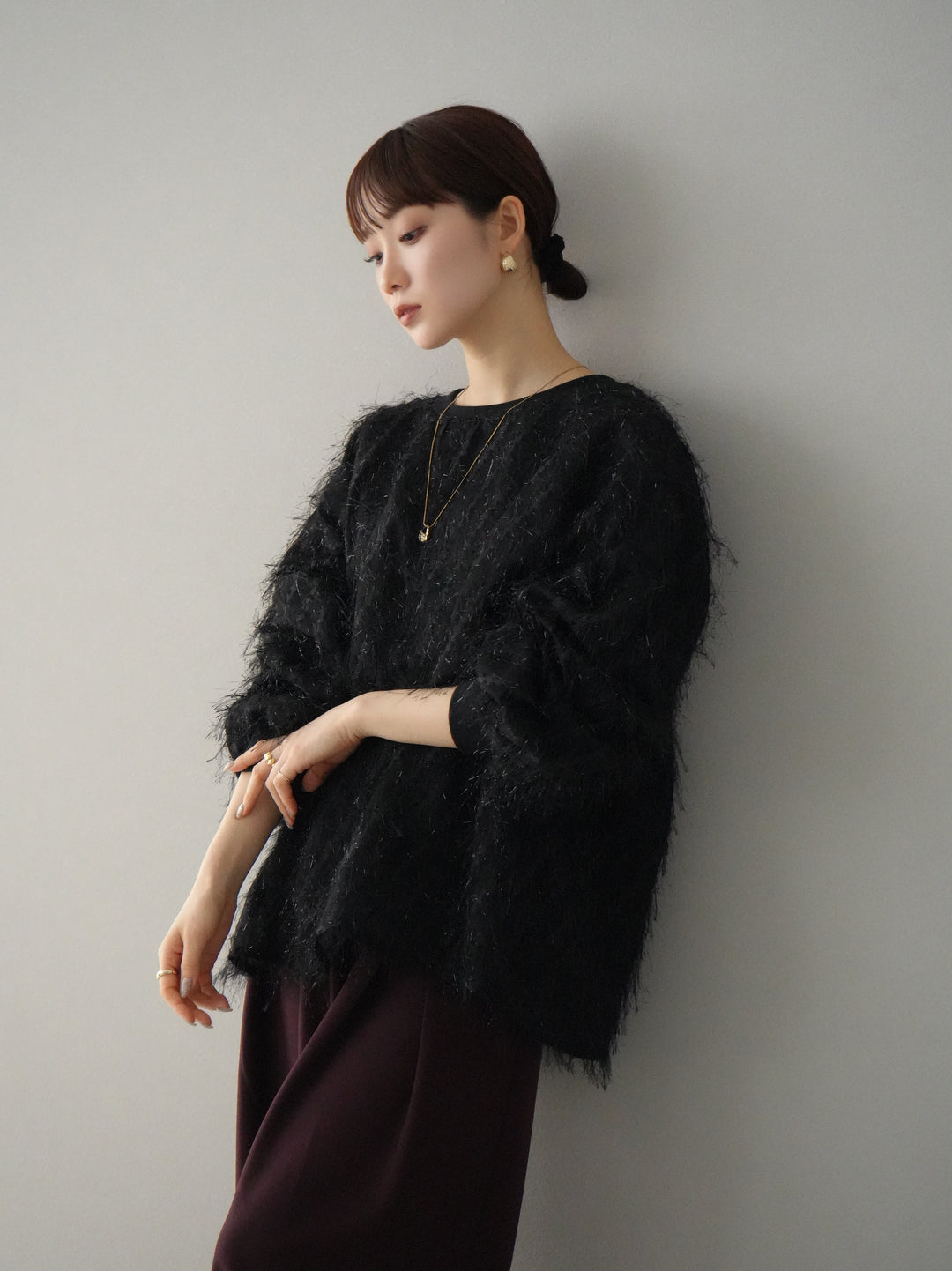 【預訂】皮帶設計收腰寬褲/波爾多紅