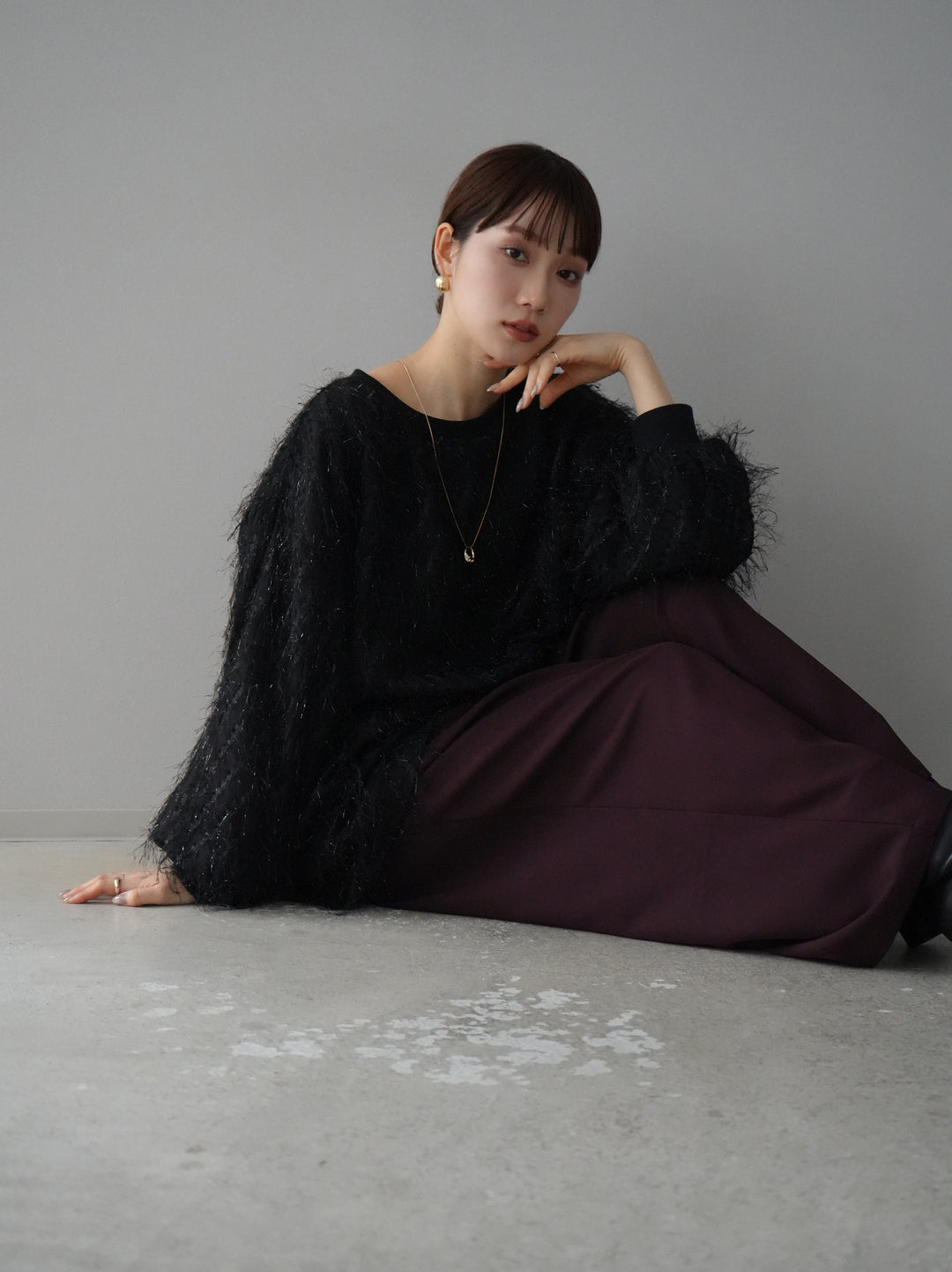 【預訂】皮帶設計收腰寬褲/波爾多紅