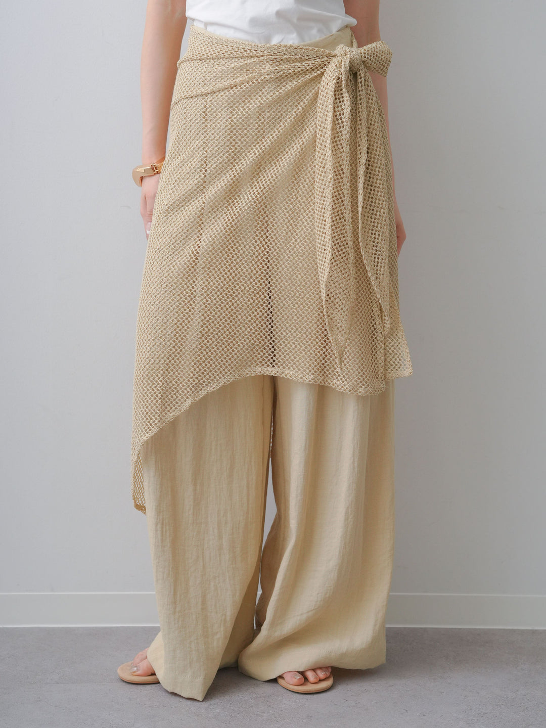 [予約]メッシュエプロン付ドレープワイドパンツ/beige