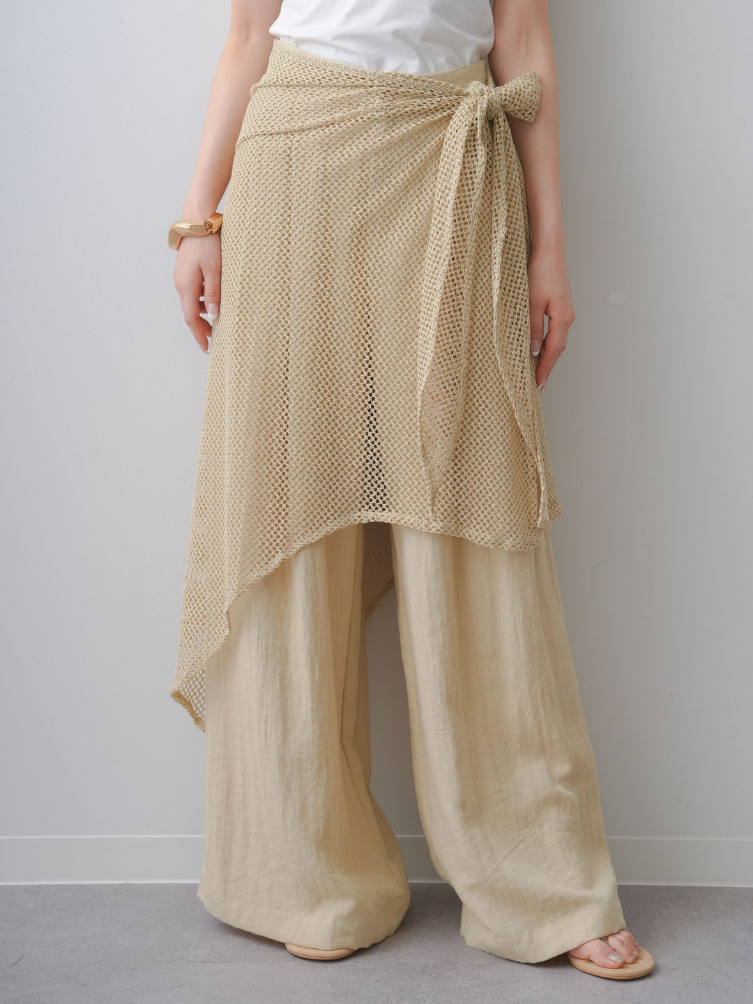 [予約]メッシュエプロン付ドレープワイドパンツ/beige