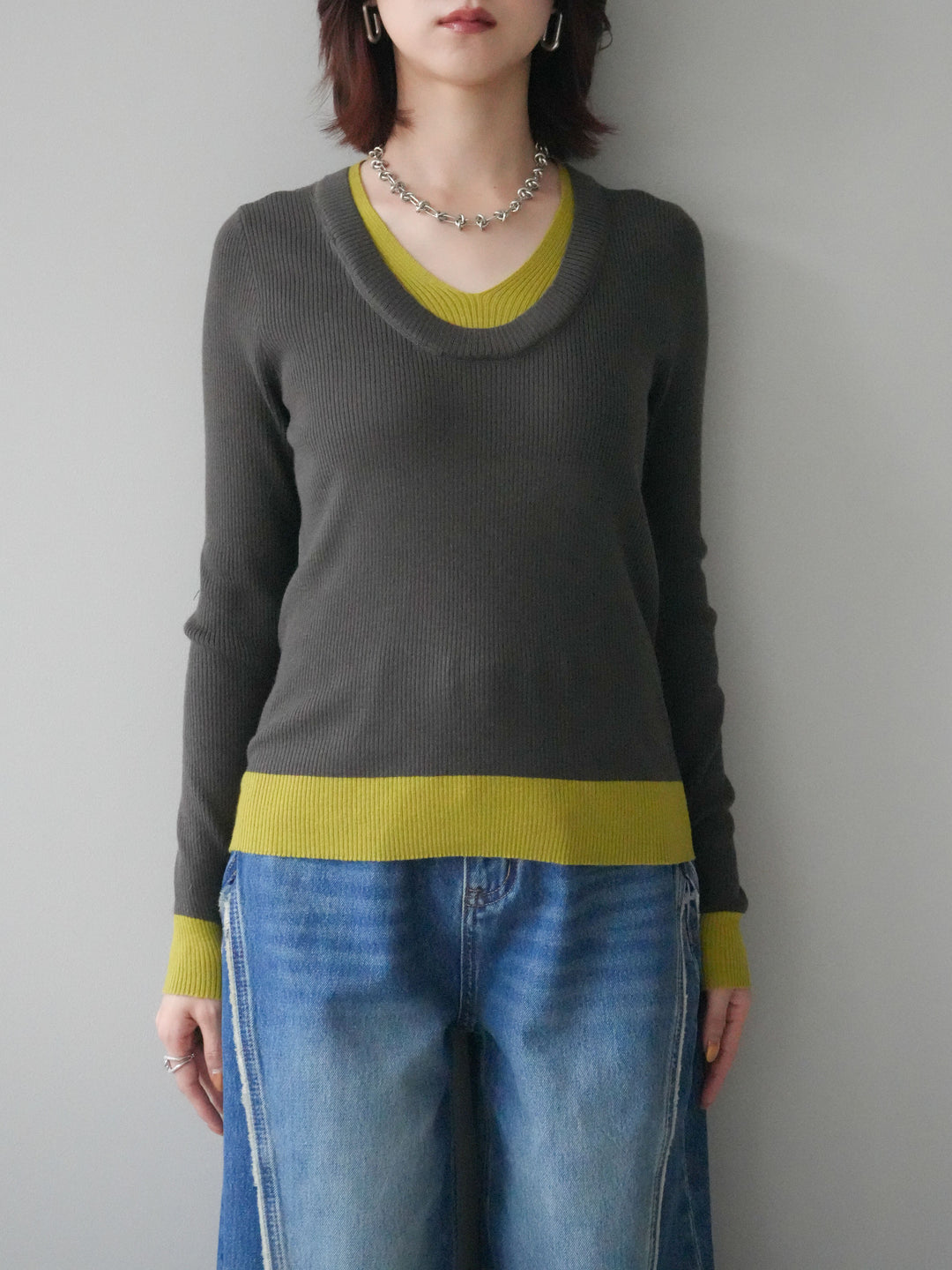 [予約]Uネック配色レイヤードリブニットトップス/gray