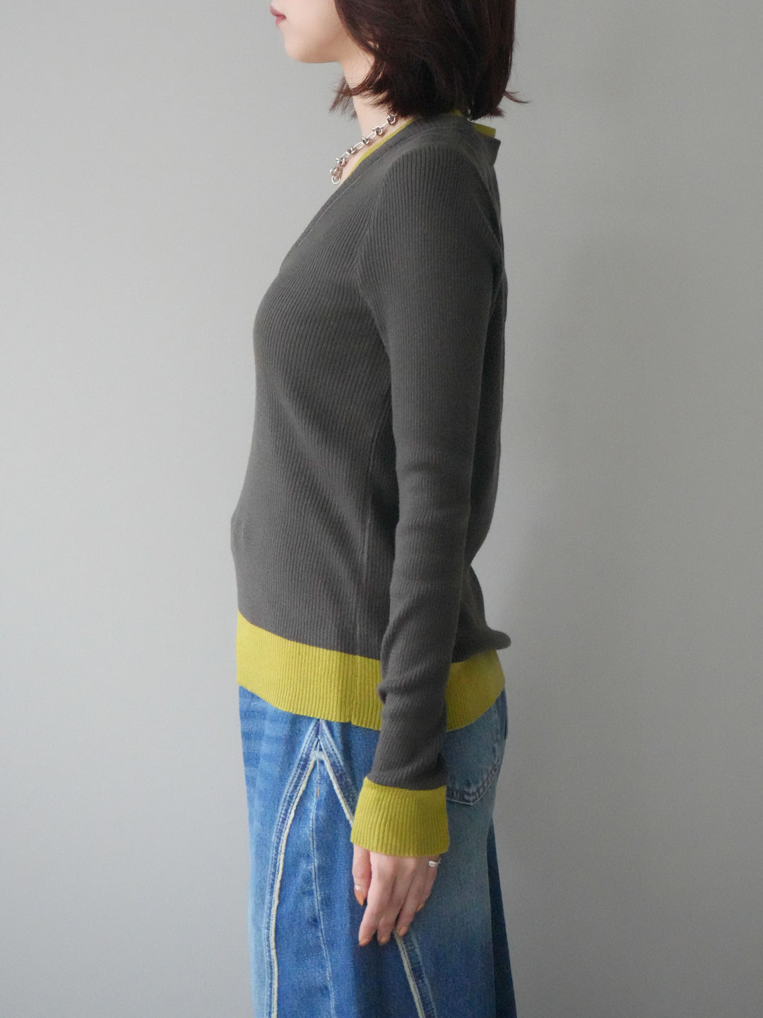 [予約]Uネック配色レイヤードリブニットトップス/gray
