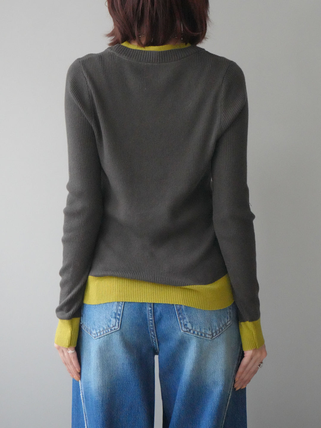 [予約]Uネック配色レイヤードリブニットトップス/gray