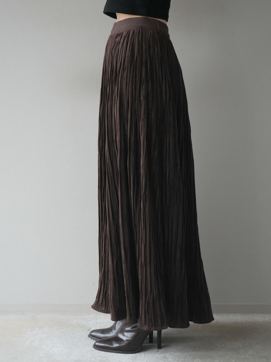 [予約]スエードワッシャープリーツスカート/brown