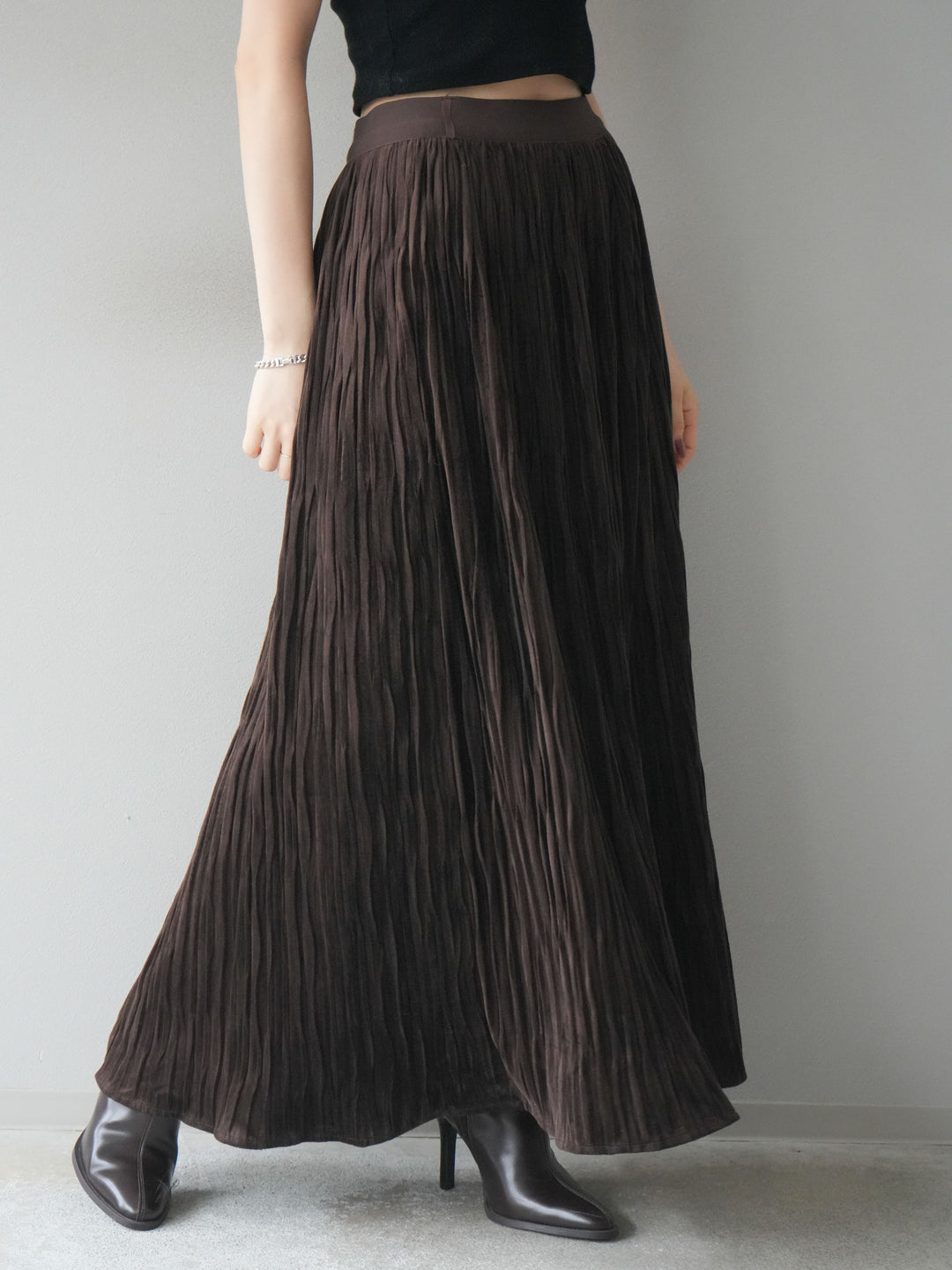 [予約]スエードワッシャープリーツスカート/brown