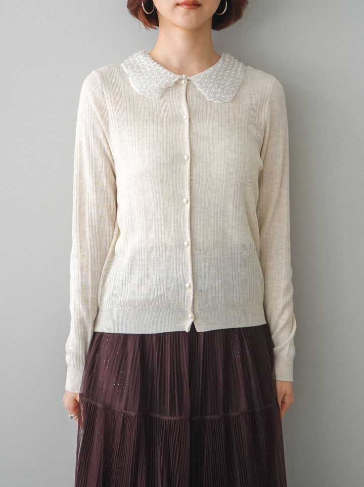 [予約]ビジュー襟パールボタンニットカーディガン/ivory