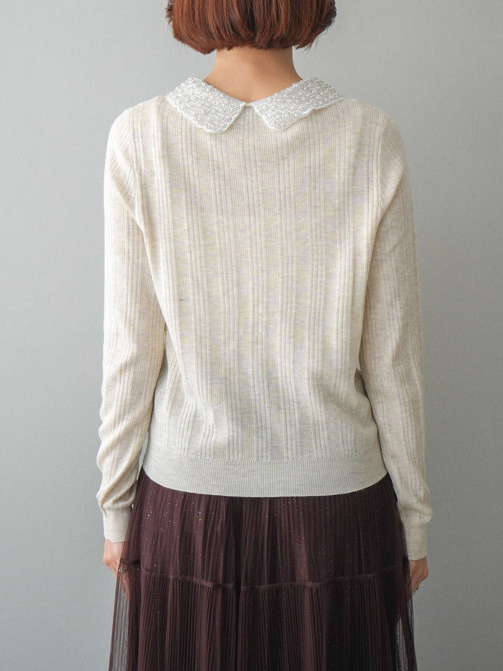 [予約]ビジュー襟パールボタンニットカーディガン/ivory