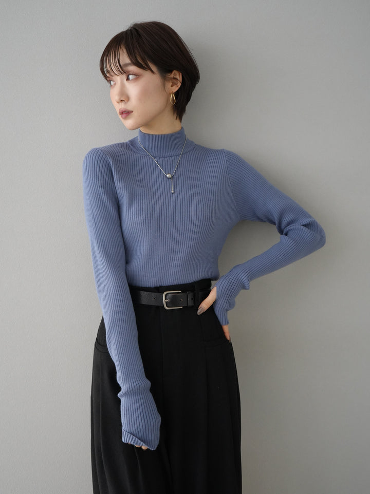 [Pre-order] Thumbhole bottleneck ribbed knit top/light blue