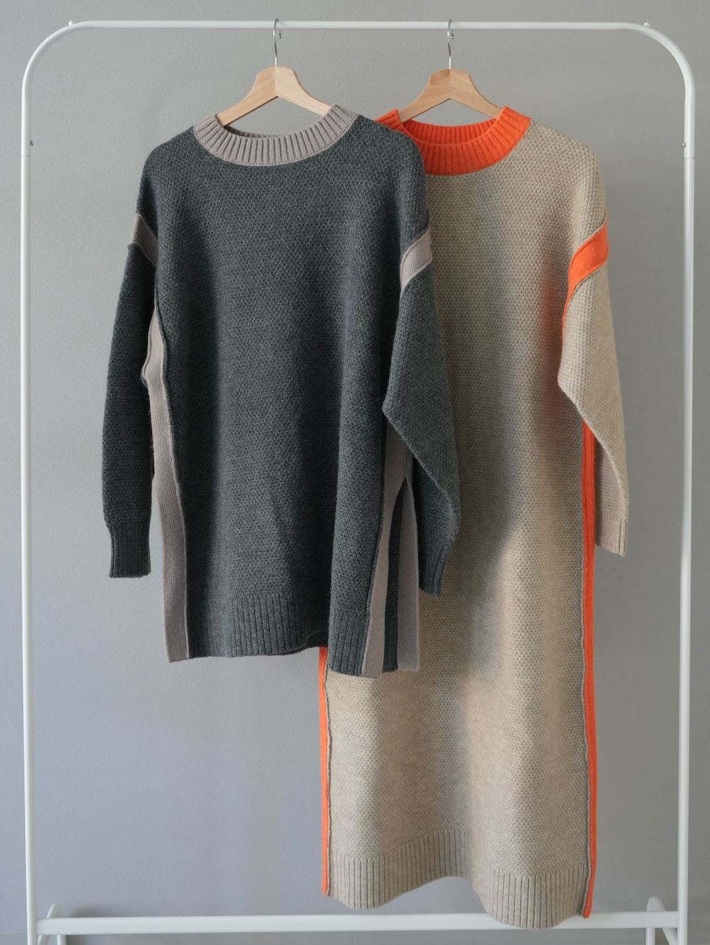 [SET] Side slit bicolor over knit + bicolor knit dress (2set)