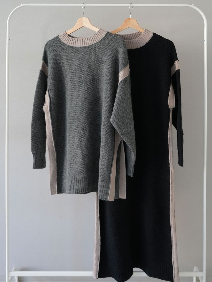 [SET] Side slit bicolor over knit + bicolor knit dress (2set)