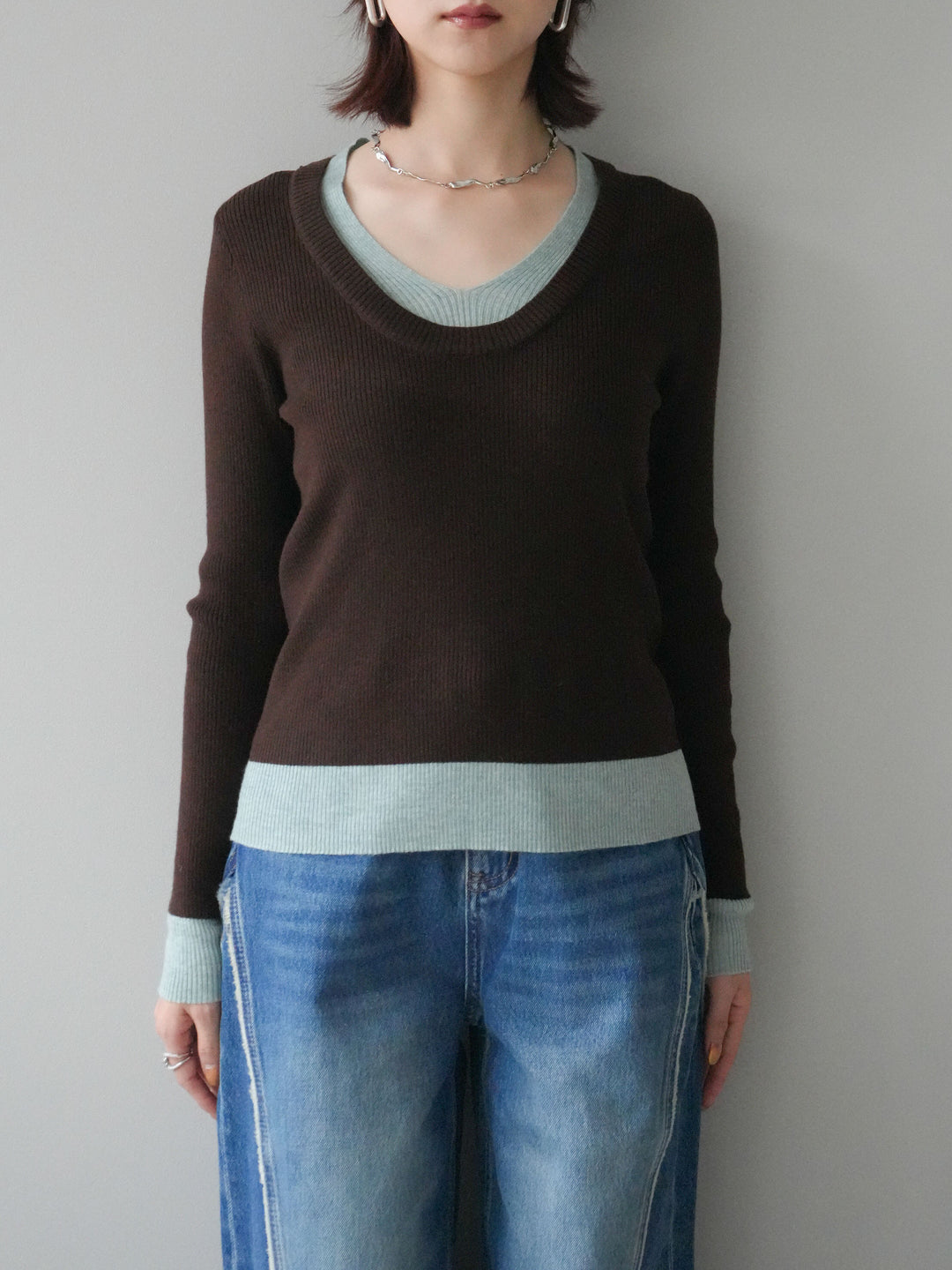 [予約]Uネック配色レイヤードリブニットトップス/brown