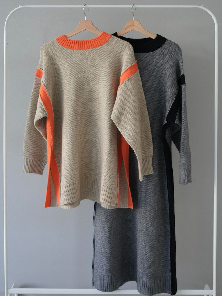 [SET] Side slit bicolor over knit + bicolor knit dress (2set)