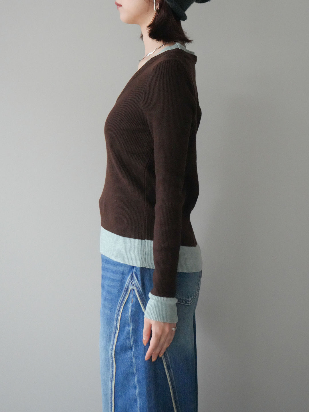 [予約]Uネック配色レイヤードリブニットトップス/brown