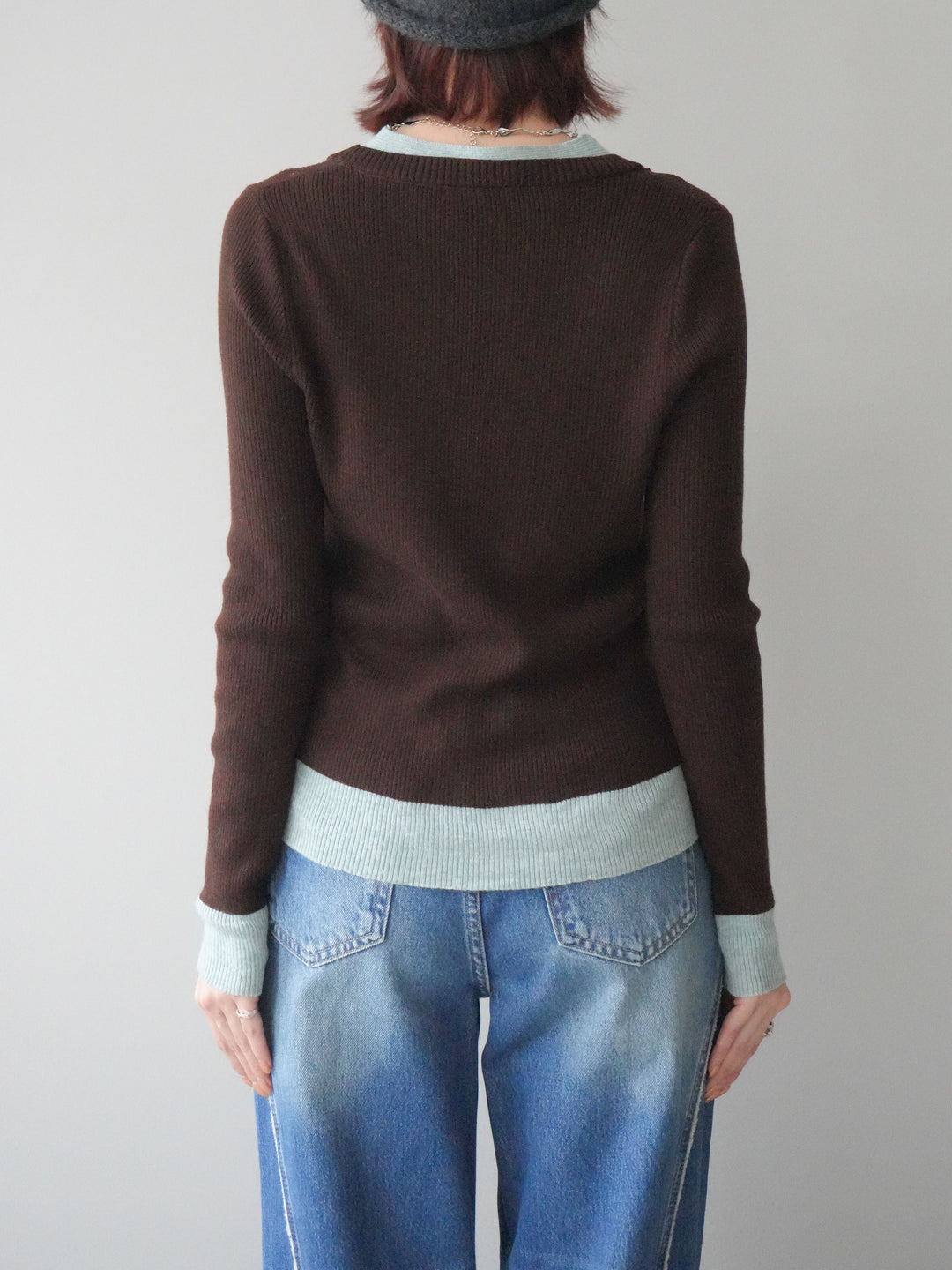 [予約]Uネック配色レイヤードリブニットトップス/brown