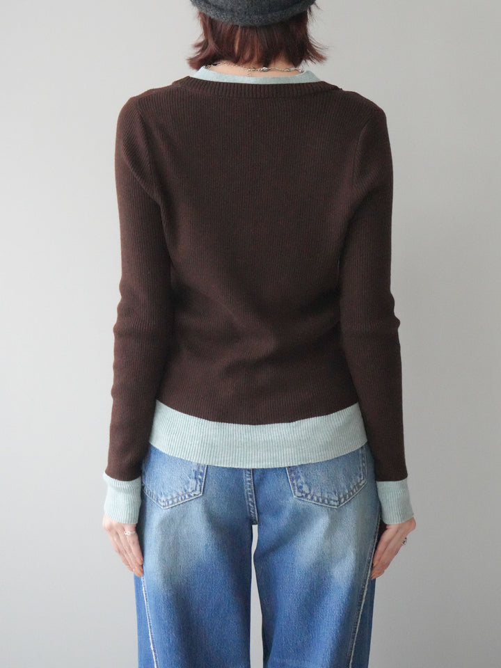 [予約]Uネック配色レイヤードリブニットトップス/brown