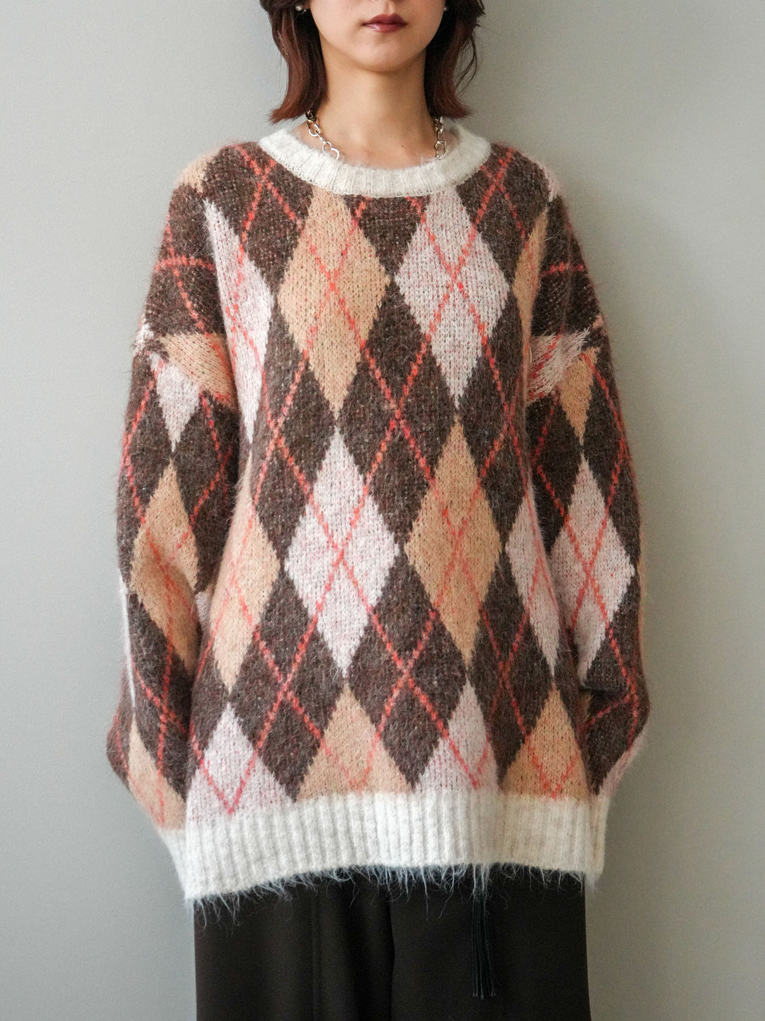 [予約]モヘアタッチアーガイル柄オーバーニットプルオーバー/brown