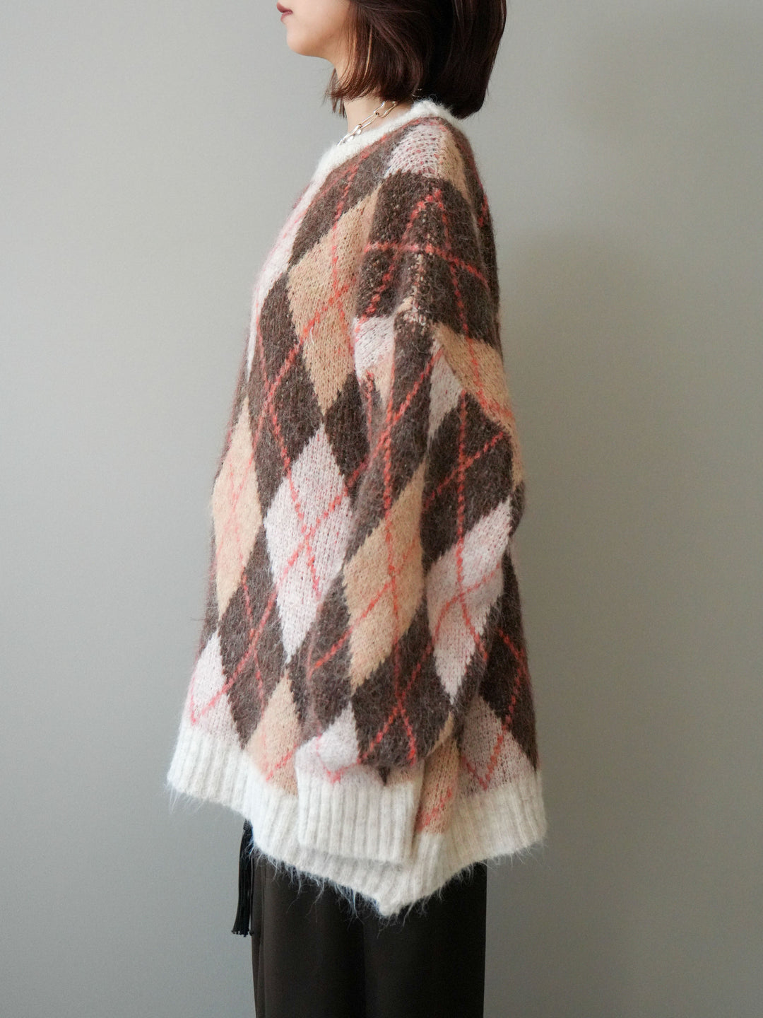 [予約]モヘアタッチアーガイル柄オーバーニットプルオーバー/brown