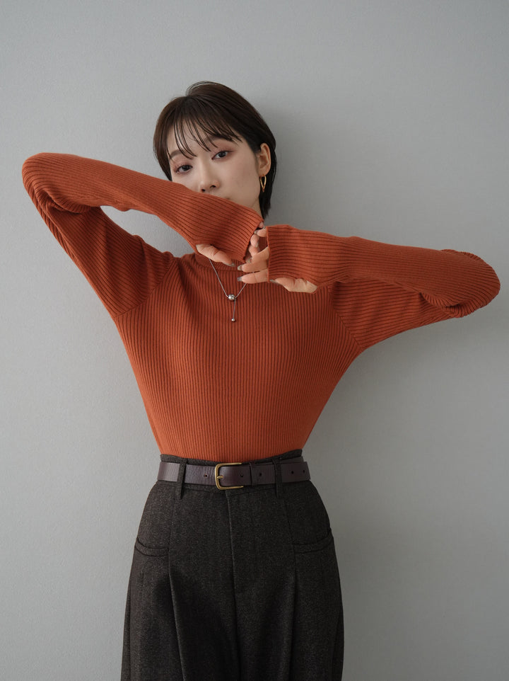 [Pre-order] Thumbhole bottleneck ribbed knit top/orange