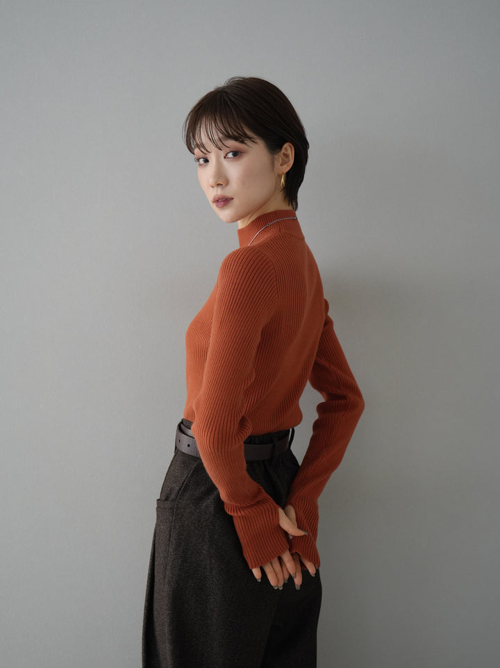 [Pre-order] Thumbhole bottleneck ribbed knit top/orange