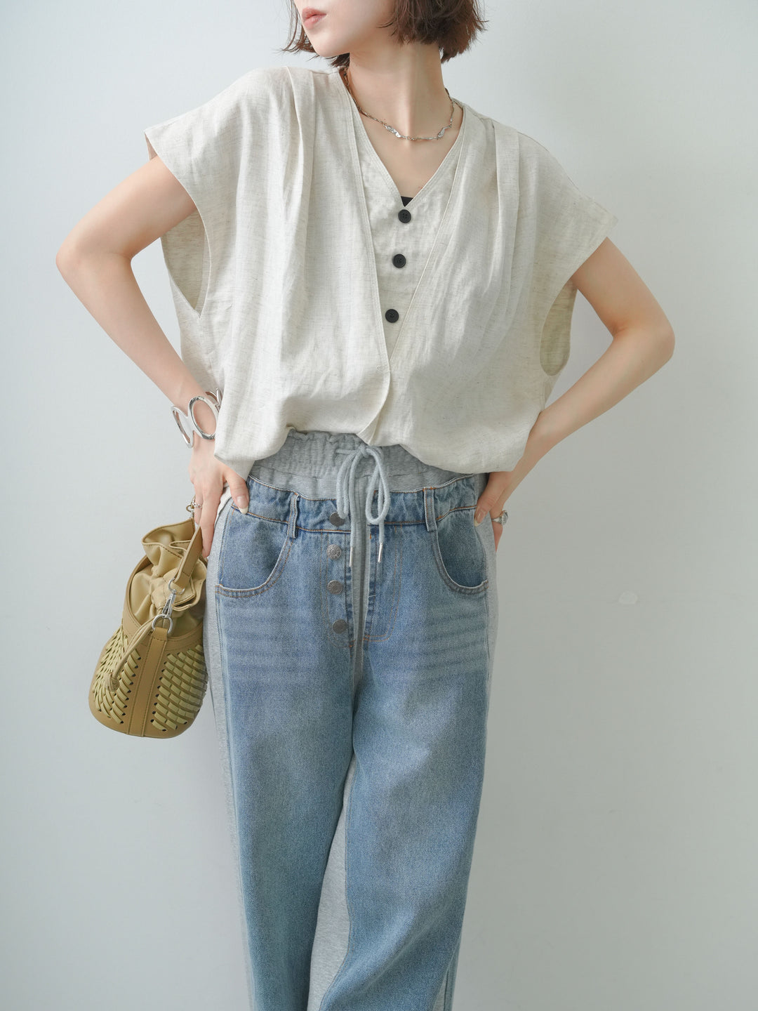 [SET]リネンミックスネックレイヤードトップス+選べるアクセセット(2set)
