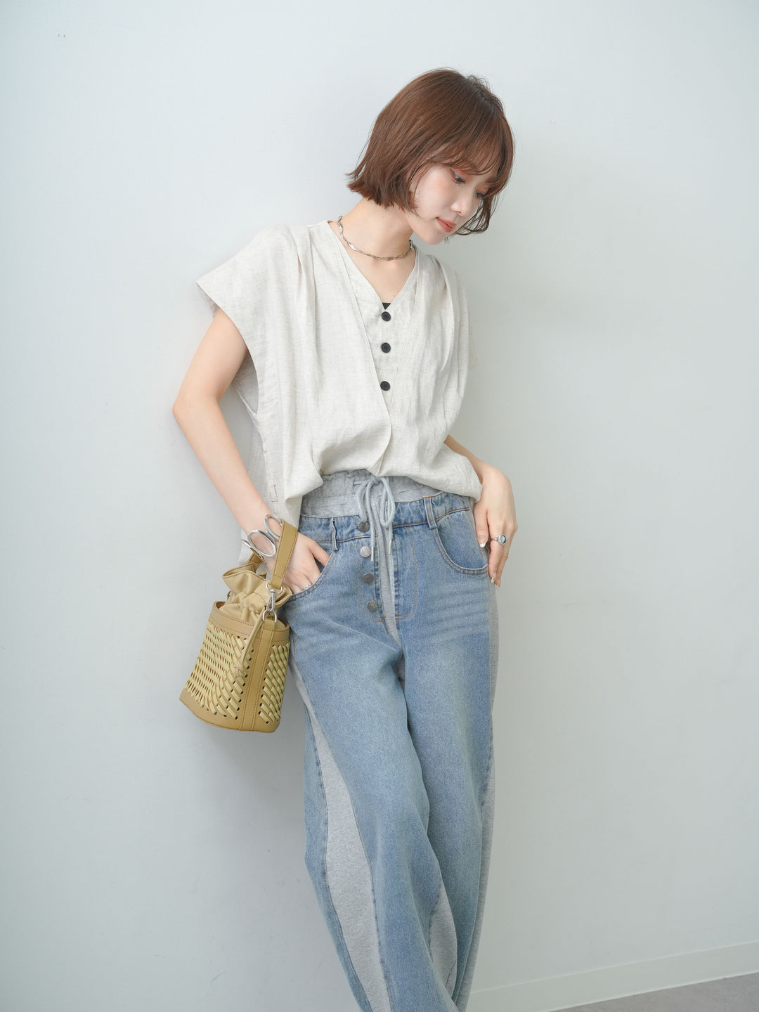 [SET]リネンミックスネックレイヤードトップス+デニム切替スウェットパンツ(2set)