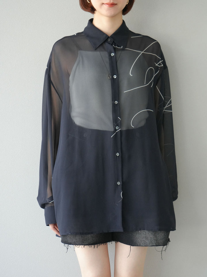 [予約]ペンタッチシフォンシャツ/ブラック