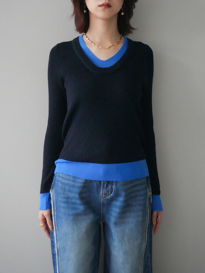 [予約]Uネック配色レイヤードリブニットトップス/black