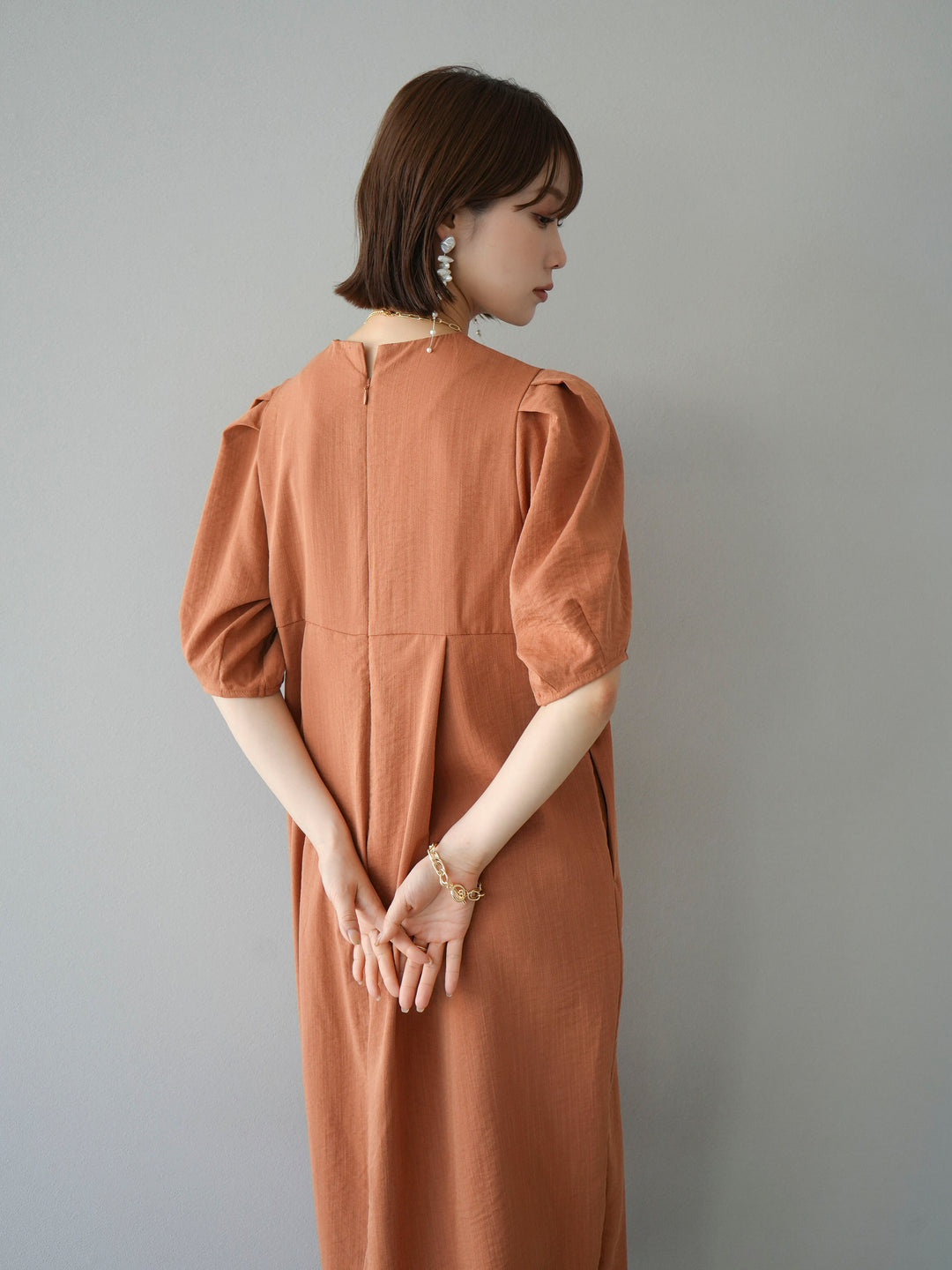 【預訂】亞麻觸感燈籠袖連身裙/橙色