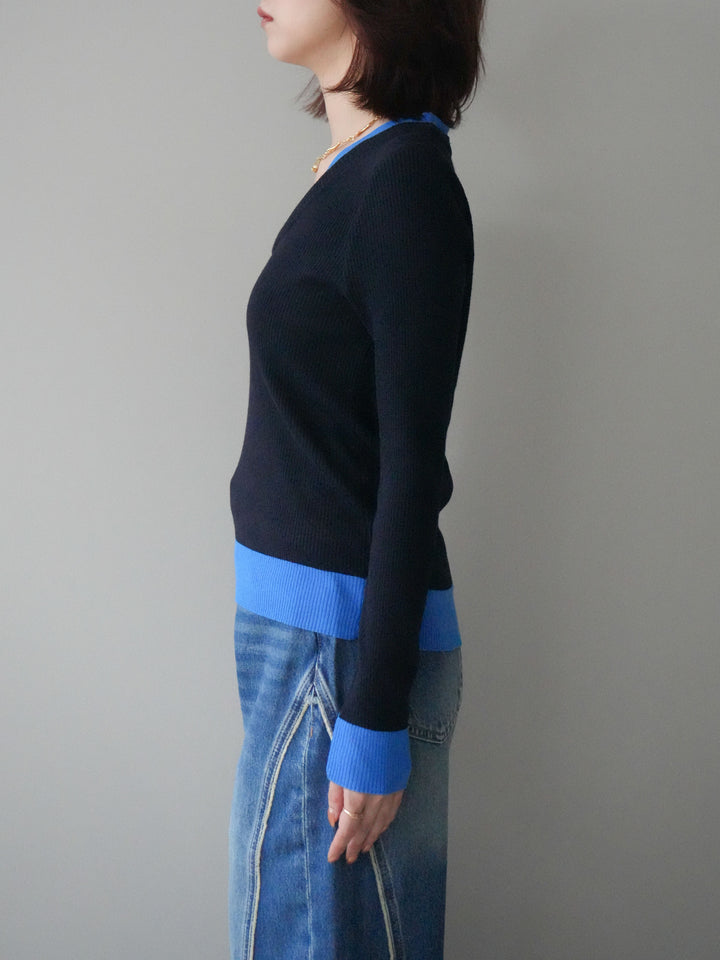 [予約]Uネック配色レイヤードリブニットトップス/black