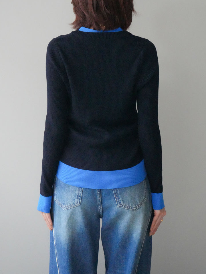 [予約]Uネック配色レイヤードリブニットトップス/black