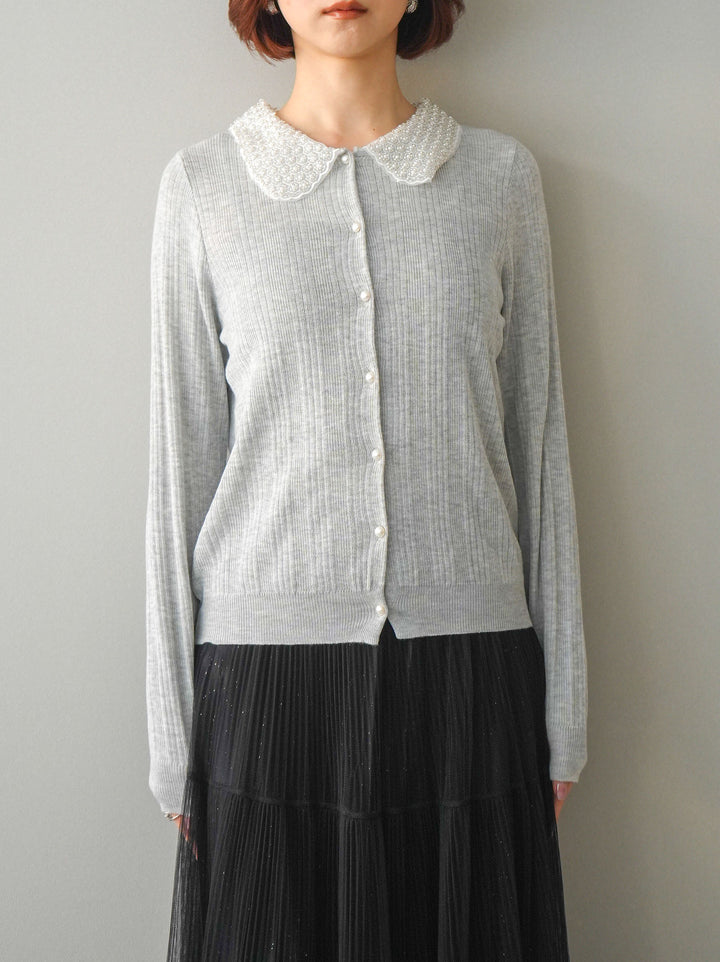 [予約]ビジュー襟パールボタンニットカーディガン/gray