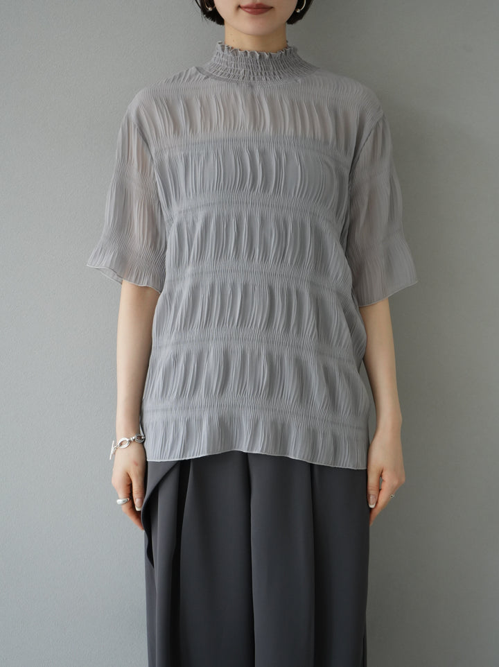 [Pre-order] Shirred Chiffon Half Sleeve Blouse/Gray