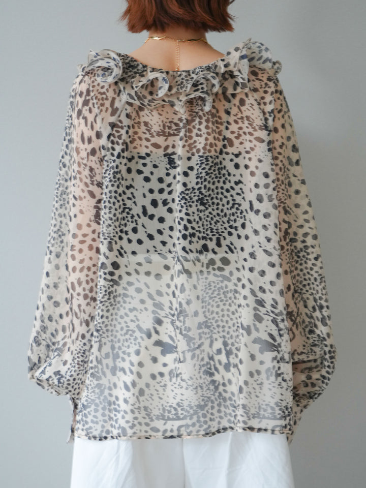 [予約]ラッフルネックシアーブラウス/leopard