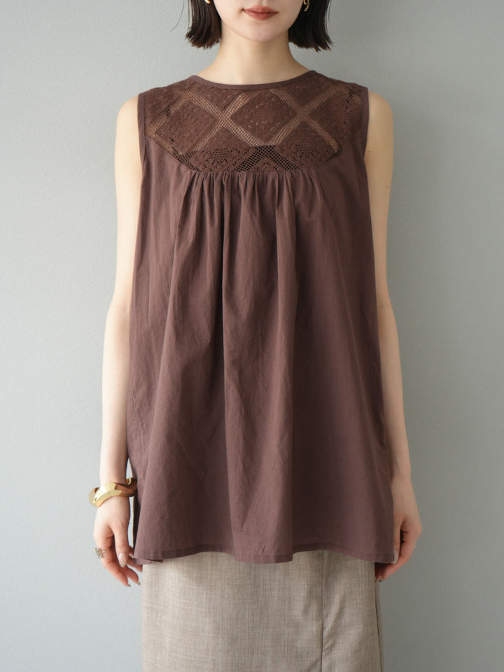 [予約]インド製コットンレース切替ノースリブラウス/ブラウン