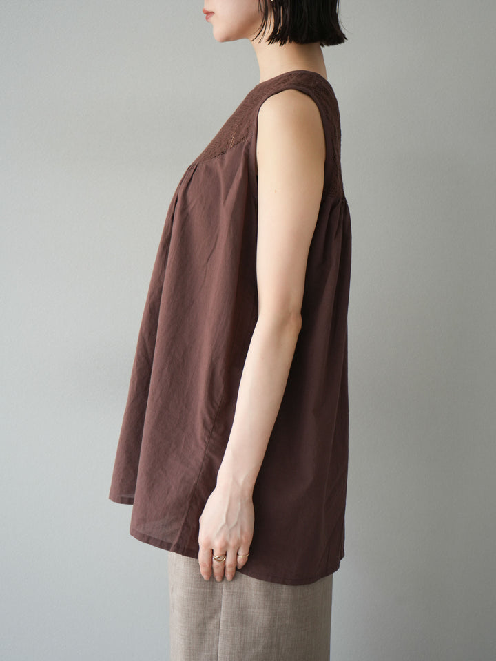 [予約]インド製コットンレース切替ノースリブラウス/ブラウン