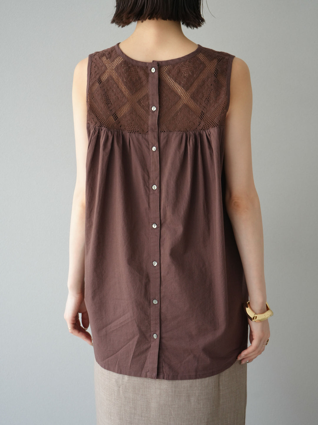 [予約]インド製コットンレース切替ノースリブラウス/ブラウン