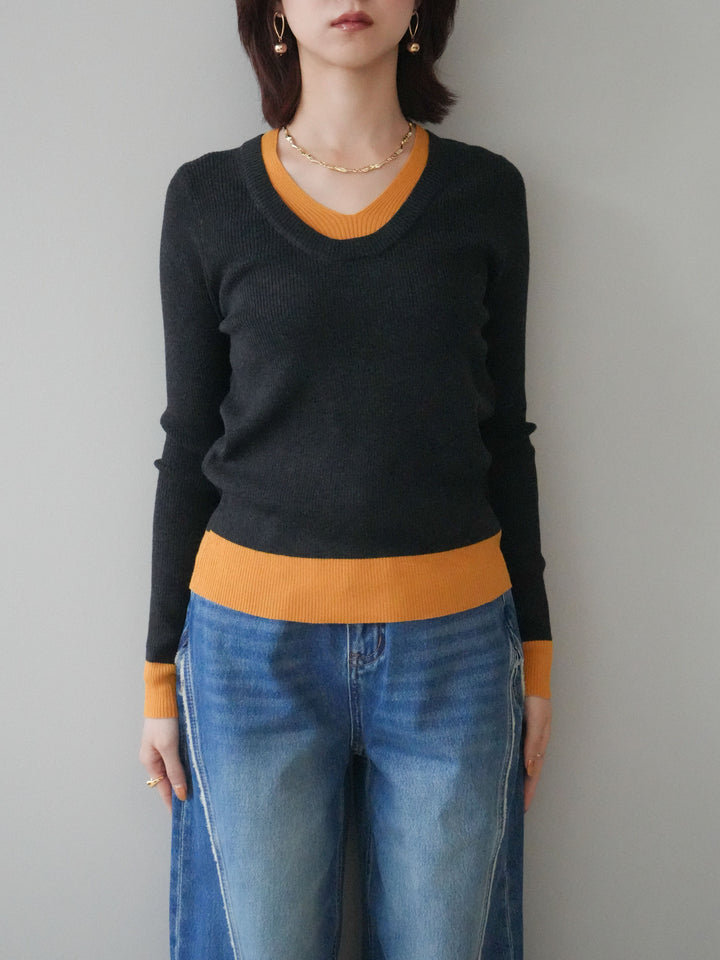 [予約]Uネック配色レイヤードリブニットトップス/charcoal