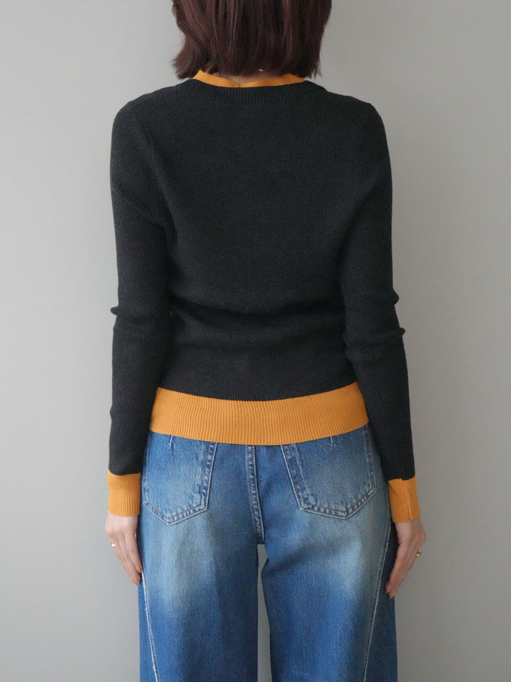 [予約]Uネック配色レイヤードリブニットトップス/charcoal