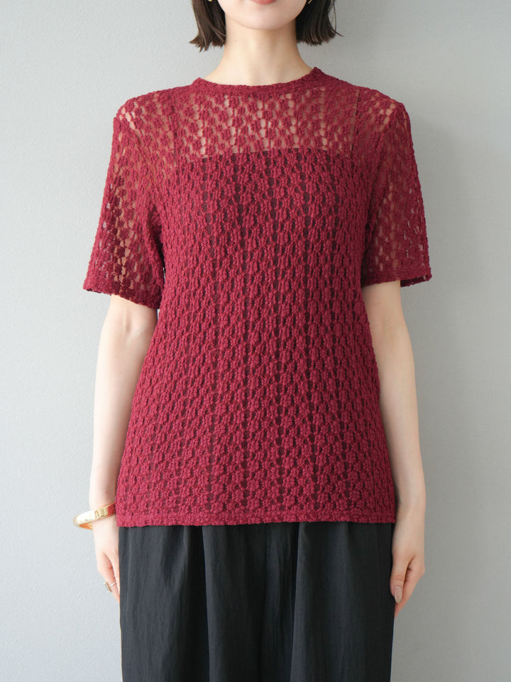 【預購】剪裁蕾絲T卹/波爾多紅