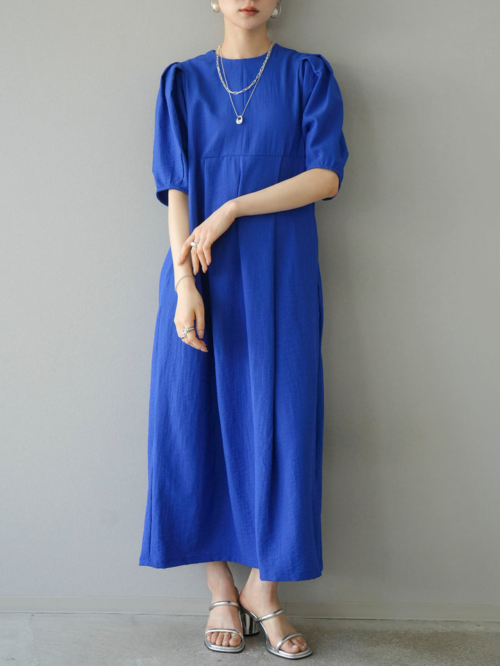 【預訂】亞麻觸感燈籠袖連身裙/藍色
