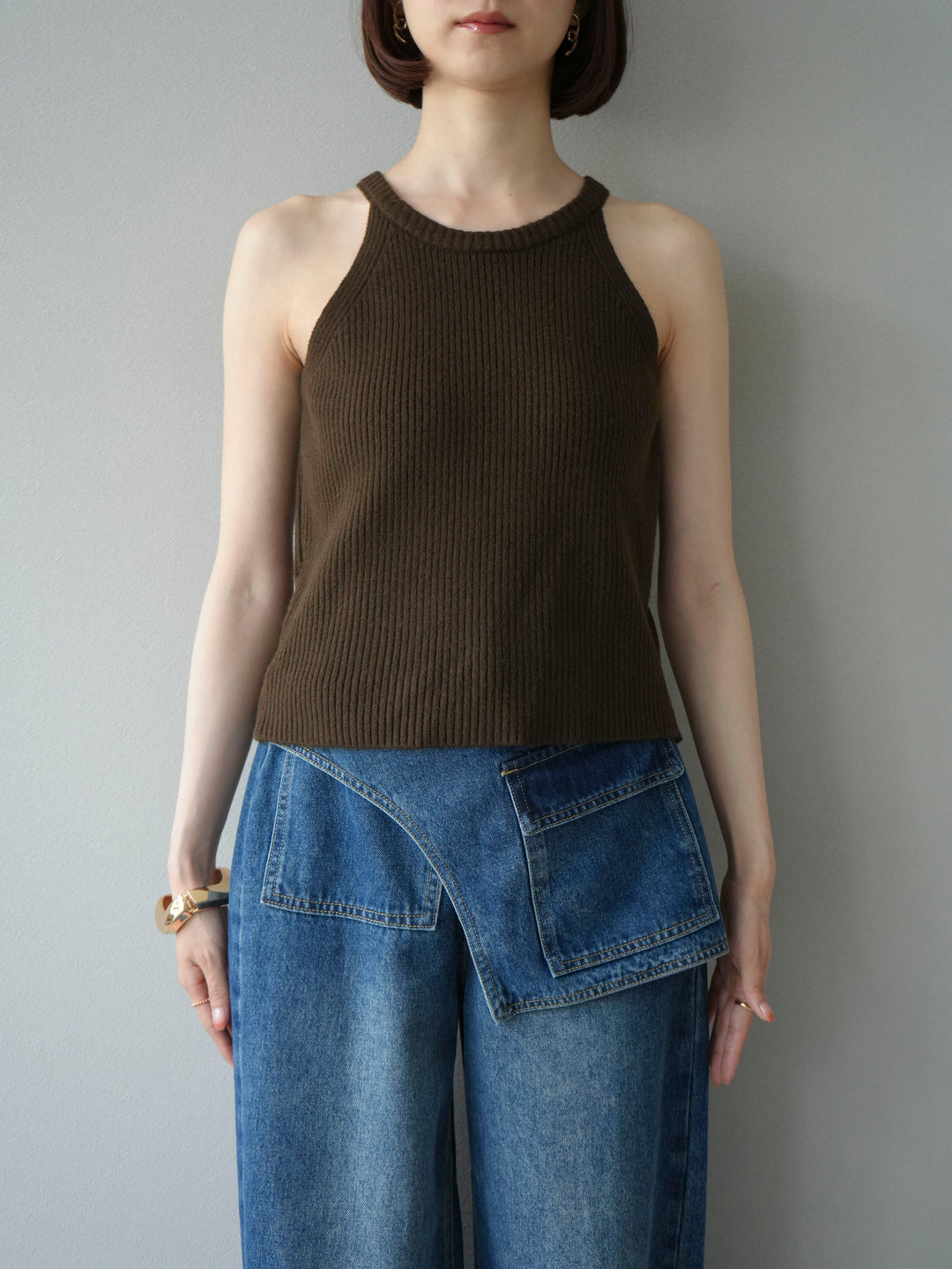 [予約]リブニットアメスリタンクトップ/カーキ
