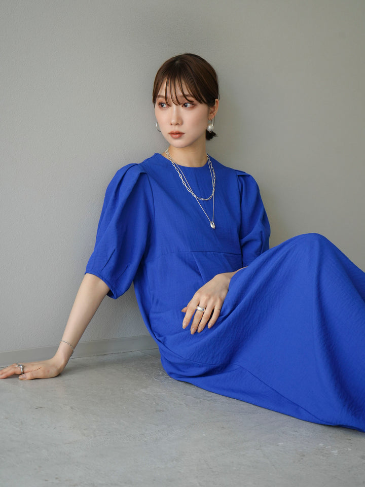 【預訂】亞麻觸感燈籠袖連身裙/藍色
