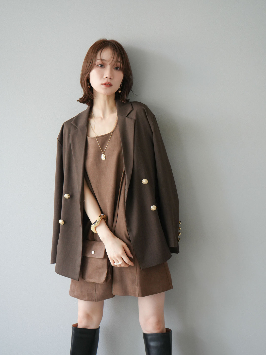 [套裝] 金色扣環斜紋雙排扣西裝外套 + 配件套裝（2 套）