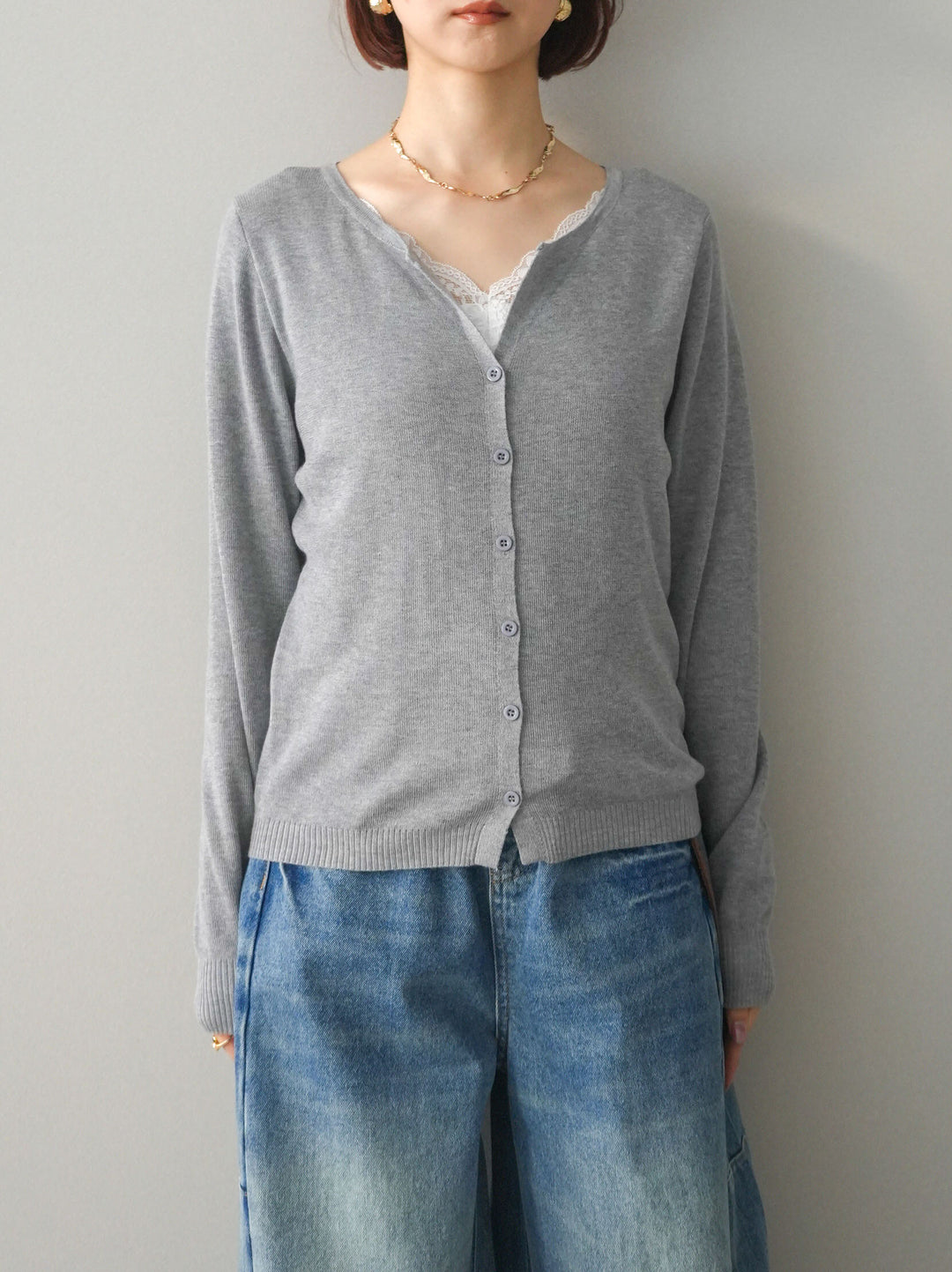 [予約]レースレイヤードニットカーディガン/gray