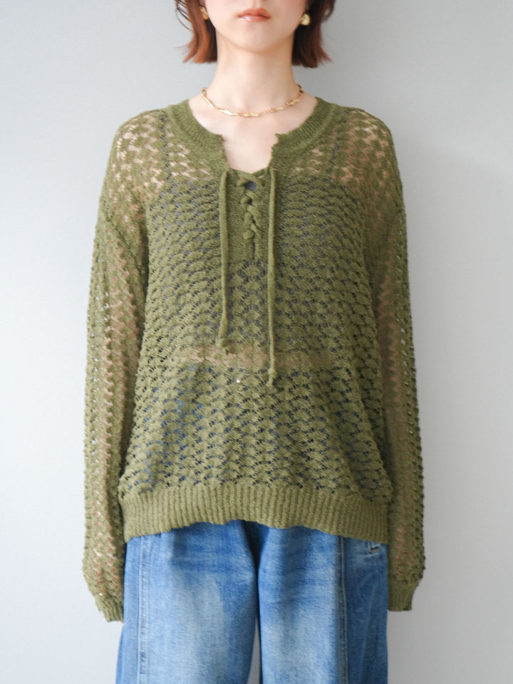 [予約]パネルメッシュニットトップス/khaki